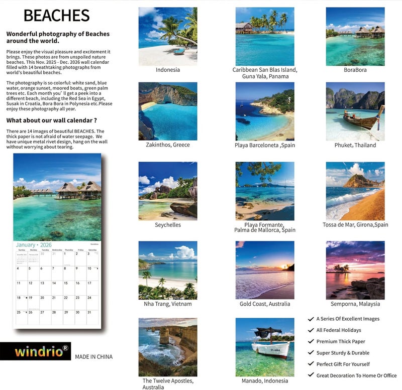 windrio 2026 Wall Calendar,Calendar 2026, November 2025 - December 2026, Wall Calendar BEACHES, 12" x 24" Opened,Full Page Months Thick & Sturdy Paper for Calendar Organizing & Planning - Image 2
